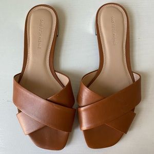 Saks Fifth Avenue tan sandals with gold heel trim
